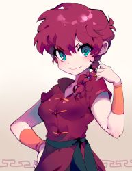 Rule 34 | 1girl, blue eyes, braid, braided ponytail, breasts, chinese clothes, genderswap, genderswap (mtf), looking at viewer, ranma-chan, ranma 1/2, red hair, saotome ranma, short hair, single braid, small breasts, smile, solo, tangzhuang, vivinos, wristband