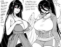 Rule 34 | 2girls, absurdres, alternate costume, azur lane, bb (baalbuddy), black hair, blue archive, breasts, cleavage, collarbone, dress, english text, female focus, greyscale, gym uniform, hasumi (blue archive), hasumi (track) (blue archive), highres, jacket, large breasts, long hair, monochrome, multiple girls, official alternate costume, open clothes, open jacket, ponytail, red eyes, revealing clothes, simple background, taihou (azur lane), taihou (forbidden feast) (azur lane), thighhighs, track jacket, trait connection, white background, wings
