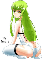 Rule 34 | 00s, 1girl, :&lt;, aliasing, ass, back, bare shoulders, bodysuit, boots, butt crack, c.c., cameltoe, code geass, from behind, green hair, high heels, leotard, long hair, looking at viewer, looking back, partially visible vulva, shoes, simple background, solo, spread legs, squatting, temple (artist), thigh boots, thighhighs, tiptoes, white background, white thighhighs, yellow eyes