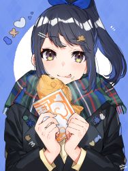 Rule 34 | 1girl, :p, black hair, black jacket, blue background, blue ribbon, blush, closed mouth, commentary request, food, food on face, fringe trim, green scarf, hair ornament, hair ribbon, hairclip, heart, high ponytail, highres, holding, holding food, jacket, long hair, long sleeves, looking at viewer, mika pikazo, original, ponytail, purple eyes, ribbon, scarf, smile, solo, taiyaki, tongue, tongue out, two-tone background, upper body, wagashi, white background