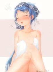 Rule 34 | 1girl, artist name, blue hair, blush, closed eyes, commentary request, hair between eyes, heavy breathing, kantai collection, knees together feet apart, knees up, long hair, mae (maesanpicture), naked towel, nude, open mouth, samidare (kancolle), simple background, sitting, solo, squiggle, swept bangs, towel, towel on head, very long hair, white background