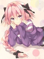 Rule 34 | 1boy, astolfo (fate), astolfo (memories at trifas) (fate), black ribbon, black skirt, blush, braid, closed mouth, fate/apocrypha, fate/grand order, fate (series), hair between eyes, hair intakes, hair ribbon, jacket, long braid, long hair, long sleeves, looking at viewer, lying, male focus, multicolored hair, nu (ukskuj), off shoulder, official alternate costume, on stomach, open clothes, open jacket, pink hair, purple eyes, purple jacket, purple shirt, ribbon, shirt, single braid, skirt, smile, solo, streaked hair, striped clothes, striped shirt, trap