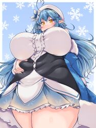 Rule 34 | 1girl, absurdres, ahoge, bare shoulders, belly, belly grab, blue background, blue hair, blush, border, breasts, buttons, closed mouth, commentary request, cowboy shot, fat, flower, hair between eyes, hair flower, hair ornament, half updo, highres, hololive, huge breasts, kurokaze no sora, long hair, long sleeves, outside border, plump, pointy ears, snowflake background, snowflakes, solo, sweatdrop, thick thighs, thighs, very long hair, virtual youtuber, white border, yellow eyes, yukihana lamy