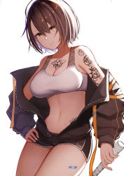 Rule 34 | 1girl, absurdres, ahoge, arm tattoo, azur lane, baltimore (azur lane), baltimore (black ace) (azur lane), bare shoulders, black shorts, blush, braid, breasts, brown hair, chest tattoo, choker, cleavage, flower tattoo, hair between eyes, highres, jacket, large breasts, looking at viewer, micro shorts, navel, pnatsu, short hair, short shorts, shorts, shoulder tattoo, simple background, smile, solo, sports bra, stomach tattoo, tattoo, white background, white sports bra, yellow eyes