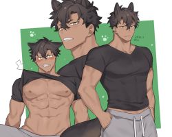 Rule 34 | 1boy, abs, animal ears, bara, bare pectorals, black hair, black shirt, blush, brown eyes, clenched teeth, closed mouth, clothes lift, dark-skinned male, dark skin, dog boy, dog ears, dog tail, grey pants, hands in pockets, highres, large pectorals, male focus, multiple views, muscular, muscular male, navel, nipples, original, pants, pectorals, rio mukiniki, shirt, shirt lift, short hair, solo, tail, teeth