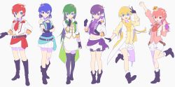Rule 34 | 10s, 6+girls, :d, ankle boots, armlet, bad id, bad pixiv id, belt, bike shorts, black footwear, black legwear, blonde hair, blue eyes, blue hair, boots, bow, choker, crop top, crown, epaulettes, f6 (osomatsu-san), fingerless gloves, fist pump, full body, genderswap, genderswap (mtf), gloves, green hair, hair between eyes, hair bow, hair ribbon, hand on own chin, hand on own hip, heiwa (murasiho), highres, jacket, jewelry, knee boots, leg up, long hair, low twintails, matsuno choromatsu, matsuno ichimatsu, matsuno jyushimatsu, matsuno karamatsu, matsuno osomatsu, matsuno todomatsu, midriff, mini crown, multiple girls, navel, neckerchief, necklace, open clothes, open jacket, open mouth, open vest, osomatsu-kun, osomatsu-san, osomatsu (series), pleated skirt, purple eyes, purple hair, red eyes, red hair, ribbon, salute, sash, scarf, sextuplets, short hair, shorts, siblings, side slit, simple background, sisters, skirt, smile, standing, suspenders, thighhighs, twintails, vest, wavy hair, white background