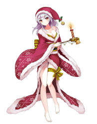 Rule 34 | 1girl, barefoot, breasts, candle, candlelight, cleavage, full body, hat, highres, holding, leg ribbon, long hair, long sleeves, official art, ribbon, santa costume, santa hat, simple background, snowflake print, solo, thigh ribbon, white background, white hair, wide sleeves, youkai hyakki-tan!