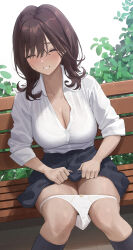 Rule 34 | 1girl, ^ ^, ^o^, bench, black skirt, black socks, blush, bow, bow panties, breasts, brown hair, buttons, cleavage, closed eyes, clothes lift, collared shirt, commentary request, dark-skinned female, dark skin, dress shirt, dutch angle, facing viewer, feet out of frame, grin, hair between eyes, highres, large breasts, lifting own clothes, medium hair, miniskirt, on bench, original, outdoors, panties, panty pull, parted lips, partially unbuttoned, plant, school uniform, shirt, shirt tucked in, sidelocks, sitting, skirt, skirt lift, sleeves rolled up, smile, socks, stone floor, sweatdrop, taniguchi daisuke (surumenium), taut clothes, taut shirt, thighs, underwear, white panties, white shirt, wooden bench