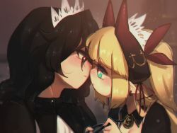 Rule 34 | 2girls, black eyes, black hair, blonde hair, blunt bangs, blurry, blurry background, blush, borrowed character, commentary, earrings, english commentary, executioner maid (centuriic), eyes visible through hair, face-to-face, flareze (porforever), freckles, from side, green eyes, heart, heart-shaped pupils, highres, horns, imminent kiss, jewelry, maid headdress, multiple girls, original, parted bangs, pointy ears, porforever, profile, symbol-shaped pupils, two side up, yuri