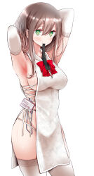 Rule 34 | 1girl, @ @, armpits, arms up, black ribbon, blush, bow, bowtie, breasts, brown hair, elbow gloves, gloves, green eyes, hair tie in mouth, highres, large breasts, long hair, looking at viewer, mouth hold, oouso, original, red bow, red bowtie, ribbon, ribbon in mouth, simple background, solo, standing, thighhighs, translation request, white background, white gloves, white thighhighs