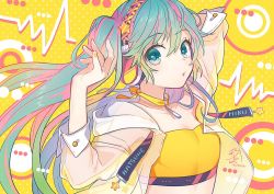 Rule 34 | 1girl, 2019, :o, armpits, arms up, black hairband, blue eyes, blue hair, breasts, cardiogram, character name, circle, cleavage, commentary request, dated, eyelashes, fingernails, hair between eyes, hairband, hatsune miku, headphones, heartbeat, jacket, looking away, midriff, multicolored hair, nail polish, orange background, orange nails, orange neckwear, orange shirt, parted lips, pink hair, polka dot, polka dot background, see-through, shirt, signature, simple background, small breasts, solo, star (symbol), strapless, streaked hair, tama (songe), tube top, two-tone hair, upper body, vocaloid