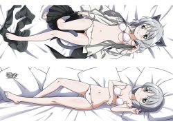 Rule 34 | 1girl, animal ears, bare legs, barefoot, bed sheet, bra, breasts, cat ears, cat tail, dakimakura (medium), full body, green eyes, looking at viewer, navel, official art, open clothes, panties, sanya v. litvyak, silver hair, small breasts, strike witches, tail, underwear, white bra, white panties, world witches series