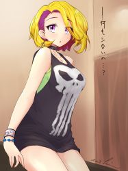 Rule 34 | 1girl, artist name, blonde hair, breasts, choker, collarbone, cowboy shot, dated, earrings, echizen murasaki, green shirt, highres, indoors, jewelry, kuroinu momotarou, large breasts, leaning on object, nail polish, pink eyes, red nails, shirt, short hair, signature, skull print, sleeveless, solo, tank top, thighs, tokyo 7th sisters, translation request, wristband