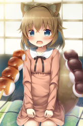 Rule 34 | 1girl, animal ear fluff, animal ears, blue eyes, blush, brown hair, commentary request, dango, dress, drooling, facing viewer, food, highres, indoors, medium hair, open mouth, original, psyche3313, sitting, solo, tail, wagashi