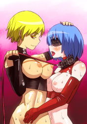 Rule 34 | 2girls, bdsm, blindfold, blonde hair, blue hair, blush, bondage, bound, breasts, breasts out, collar, elbow gloves, femdom, gloves, ha-chan, leash, multiple girls, nipples, red eyes, short hair, slave, sweat, tongue, tongue out, yuri