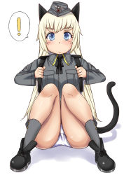 Rule 34 | !, 1girl, animal ears, backpack, bag, blonde hair, blue eyes, blush, cat ears, cat tail, hat, helma lennartz, highres, jacket, komusou (jinrikisha), long hair, looking at viewer, military, military uniform, panties, pantyshot, ribbon, simple background, sitting, solo, spoken exclamation mark, strike witches, tail, underwear, uniform, very long hair, white background, white panties, world witches series