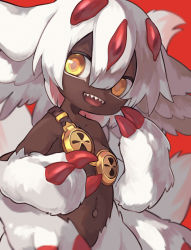 Rule 34 | 1girl, :d, absurdres, animal ears, blunt bangs, body fur, claws, collarbone, commentary, dark-skinned female, dark skin, extra arms, faputa, fewer digits, from side, hair between eyes, hand up, highres, horns, looking at viewer, made in abyss, medium hair, monster girl, multiple horns, multiple tails, navel, open mouth, red background, red horns, sharp teeth, shoulder belt, simple background, smile, solo, tail, teeth, udo (udoyoyoyo), upper body, white fur, white hair, yellow eyes