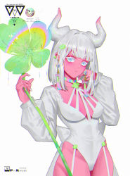 Rule 34 | 1girl, absurdres, blue eyes, blunt bangs, breasts, chromatic aberration, clover, clover hair ornament, colored skin, covered erect nipples, cowboy shot, earrings, four-leaf clover, hair ornament, highres, holding, holding clover, horns, huge filesize, jewelry, leotard, long sleeves, medium breasts, medium hair, original, pink skin, puffy long sleeves, puffy sleeves, rainbow, silver hair, solo, veela, white leotard