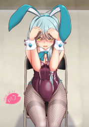 Rule 34 | 1girl, animal ears, black pantyhose, blue bow, blue bowtie, blue hairband, bow, bowtie, braid, breasts, brown eyes, brown pantyhose, chair, detached collar, fake animal ears, fishnet pantyhose, fishnets, hair over eyes, hairband, hamanami (kancolle), kantai collection, leotard, long hair, moke ro, pantyhose, playboy bunny, rabbit ears, silver hair, single braid, sitting, small breasts, solo, strapless, strapless leotard, thighband pantyhose, wrist cuffs
