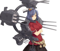 Rule 34 | 10s, 1girl, adapted costume, anchor, breast hold, breasts, brown skirt, cannon, crossed arms, gun, hair ornament, kantai collection, large breasts, leaf, looking at viewer, purple hair, red eyes, rokuwata tomoe, rope, shimenawa, short hair, short sleeves, simple background, skirt, smile, solo, touhou, weapon, white background, yasaka kanako