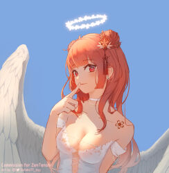Rule 34 | 1girl, absurdres, angel, angel wings, blue background, blunt bangs, breasts, choker, closed mouth, commentary, commission, double bun, dress, english commentary, feathered wings, hair bun, halo, hand up, highres, index finger raised, long hair, looking at viewer, medium breasts, orange hair, original, red eyes, satoko77, simple background, smile, solo, star-shaped pupils, star (symbol), symbol-shaped pupils, tattoo, twitter username, upper body, white choker, white dress, white halo, wings