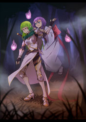 Rule 34 | 2girls, annoyed, armor, borrowed character, cape, floating, forest, full body, ghost, grass, greaves, green eyes, green hair, highres, hitodama, isabelle (acerailgun), japanese clothes, kimono, letterboxed, long hair, long sleeves, multiple girls, nature, nerior, original, pointy ears, purple hair, rynn (acerailgun), shield, shoulder armor, pauldrons, sword, vambraces, watermark, weapon, web address, wide sleeves, yellow eyes
