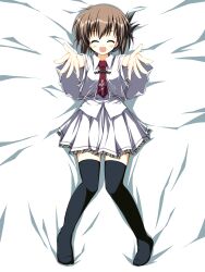 Rule 34 | 1girl, :d, ^ ^, absurdres, asagi nanami, bed sheet, black thighhighs, blush, brown hair, capelet, closed eyes, commentary request, cross print, dakimakura (medium), eyelashes, facing viewer, fang, folded ponytail, foreshortening, frilled skirt, frills, full body, hair between eyes, happy, highres, knees together feet apart, legs, lying, medium hair, miniskirt, necktie, no shoes, on back, open hands, open mouth, outstretched arms, pleated skirt, reaching, reaching towards viewer, red necktie, school uniform, shirt, skin fang, skirt, smile, solo, straight-on, subarashiki hibi, tachibana kimika, thighhighs, white capelet, white shirt, white skirt, zettai ryouiki