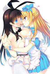 Rule 34 | 2girls, alice in wonderland, animal ears, apron, areola slip, asymmetrical docking, between breasts, blue eyes, breast press, breasts, character request, checkerboard cookie, cookie, earrings, fake animal ears, fishnet pantyhose, fishnets, food, food in mouth, frills, hairband, half updo, hand grab, holding another&#039;s wrist, jewelry, large breasts, leotard, looking at another, multiple girls, pantyhose, playboy bunny, purple eyes, rabbit ears, school uniform, serafuku, skirt, smile, tatami to hinoki, wrist cuffs, yuri