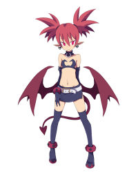 Rule 34 | 1girl, bare shoulders, bat wings, demon girl, demon tail, disgaea, earrings, etna (disgaea), flat chest, gloves, jewelry, midriff, miniskirt, n (ruff), navel, pointy ears, red eyes, red hair, skirt, skull, smile, solo, tail, thighhighs, twintails, wings