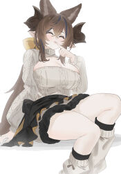Rule 34 | 1girl, absurdres, animal ears, black skirt, blue hair, blush, breasts, brown hair, cleavage, cleavage cutout, closed eyes, clothing cutout, extra ears, finger to mouth, fishofthelakes, galleon (granblue fantasy), granblue fantasy, hair between eyes, hair ribbon, highres, horns, large breasts, long hair, multicolored hair, pointy ears, ribbed sweater, ribbon, simple background, sitting, skirt, solo, streaked hair, sweater, thighs, turtleneck, turtleneck sweater, very long hair, white sweater