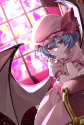 Rule 34 | 1girl, absurdres, bat wings, blue hair, closed mouth, collared shirt, fang, fingernails, frilled shirt collar, frills, hair between eyes, hat, hat ribbon, highres, mob cap, pink hat, pink shirt, pink skirt, red eyes, red ribbon, remilia scarlet, ribbon, shirt, short hair, skirt, smile, solo, stained glass, torimarururu, touhou, twitter username, wings, wrist cuffs