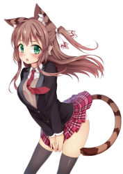 Rule 34 | &gt;:o, 1girl, 3.14, :o, animal ears, blazer, breasts, brown hair, circle skirt, clothes lift, collared shirt, copyright request, cowboy shot, green eyes, jacket, legs apart, long hair, looking at viewer, medium breasts, necktie, one side up, open mouth, plaid, plaid skirt, pleated skirt, red necktie, red skirt, school uniform, shirt, simple background, skirt, skirt lift, solo, sweater, tail, tareme, teeth, thighhighs, v-shaped eyebrows, white background, white shirt, wind, wind lift