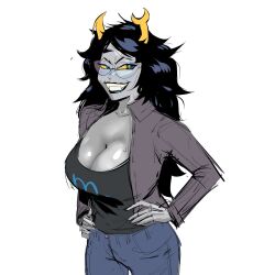 Rule 34 | 1girl, black hair, blue eyes, breasts, cleavage, colored sclera, colored skin, glasses, grey skin, grin, hands on own hips, highres, homestuck, horns, large breasts, lysanthum, smile, solo, troll (homestuck), vriska serket, yellow sclera