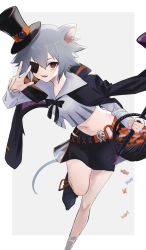 Rule 34 | 1girl, animal ears, arknights, basket, belt, black belt, black bow, black bowtie, black hat, black jacket, black skirt, border, bow, bowtie, click (arknights), click (grave thief) (arknights), commentary, cropped shirt, eyepatch, foot out of frame, grey background, grey hair, hair between eyes, hand up, hat, highres, holding, holding basket, jacket, jacket on shoulders, konota ko, leaning forward, leg up, looking at viewer, midriff, mouse ears, mouse girl, mouse tail, navel, official alternate costume, open mouth, outside border, red eyes, short hair, simple background, skirt, solo, standing, standing on one leg, tail, top hat, v-shaped eyebrows, w, white border