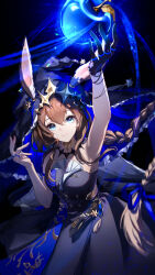 Rule 34 | 1girl, ambience synesthesia, amiya (arknights), animal ears, arknights, arm up, armpits, bare shoulders, black background, blue dress, blue eyes, blue gloves, blue hat, blue ribbon, braid, brown hair, closed mouth, dress, gloves, hair ornament, hair ribbon, hand up, hat, highres, large hat, liu liaoliao, long hair, ribbon, single glove, smile, solo, witch hat