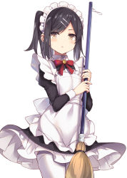 1girl :o alternate_costume apron bad_id bad_pixiv_id black_dress black_hair blush bow bowtie broom brown_eyes collared_dress commentary_request cowboy_shot dress enmaided fate/kaleid_liner_prisma_illya fate_(series) frilled_dress frills hair_ornament hairclip holding holding_broom juliet_sleeves long_hair long_sleeves looking_at_viewer maid maid_apron maid_headdress miyu_edelfelt nanananana parted_bangs parted_lips puffy_sleeves red_bow red_bowtie sidelocks simple_background solo standing sweatdrop thighhighs twintails white_apron white_background white_thighhighs wind wind_lift