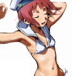Rule 34 | 1girl, arms up, bikini, breasts, brown hair, closed eyes, hat, kantai collection, kondoo, navel, open mouth, sailor bikini, sailor collar, sailor hat, short hair, side-tie bikini bottom, simple background, sketch, small breasts, smile, solo, swimsuit, upper body, white background, white bikini, white hat, z3 max schultz (kancolle)