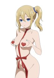 Rule 34 | 1girl, absurdres, blonde hair, blue eyes, blue nails, blue scrunchie, bound, breast lift, breasts, christmas, collarbone, completely nude, coro fae, functionally nude, groin, hair between eyes, hair ornament, hair scrunchie, hayasaka ai, heart pasties, highres, kaguya-sama wa kokurasetai ~tensai-tachi no renai zunousen~, looking at viewer, medium breasts, nail polish, nude, open mouth, parted lips, partially visible vulva, pasties, ribbon, ribbon bondage, scrunchie, side ponytail, sidelocks, simple background, stomach, thighs, white background