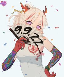 Rule 34 | 1girl, absurdres, arknights, arm tattoo, breasts, character name, china dress, chinese clothes, colored skin, confetti, covering own mouth, dragon girl, dragon horns, dress, hair ornament, hairpin, hand fan, hand on own hip, happy birthday, highres, holding, holding fan, horns, looking at viewer, multicolored hair, nian (arknights), nian (unfettered freedom) (arknights), official alternate costume, pointy ears, ponytail, purple eyes, red hair, red skin, selmer, simple background, sleeveless, sleeveless dress, small breasts, solo, streaked hair, tattoo, upper body, white background, white hair