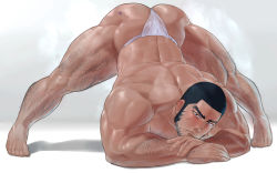 Rule 34 | 1boy, ass, bara, beard, black eyes, black hair, blush, facial hair, fumio (snnmfmw), fundoshi, golden kamuy, hairy, highres, huge ass, jack-o&#039; challenge, japanese clothes, looking at viewer, male focus, male underwear, manly, mature male, muscular, muscular male, short hair, simple background, solo, spread legs, tanigaki genjirou, thick arms, thick eyebrows, thick thighs, thighs, underwear, white background, white male underwear
