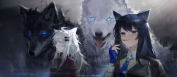 Rule 34 | 2girls, animal, animal ear fluff, animal ears, arknights, black hair, black jacket, black vest, blue eyes, blue gloves, blue necktie, collared shirt, commentary, ear piercing, english commentary, fingerless gloves, food, food in mouth, gloves, glowing, glowing eyes, grey hair, hair ornament, hairclip, hand up, highres, jacket, jacket on shoulders, lappland (arknights), long hair, long sleeves, mouth hold, multiple girls, necktie, piercing, pocky, shirt, texas (arknights), tongue, tongue out, upper body, very long hair, vest, white shirt, wolf, xing deng wei xi