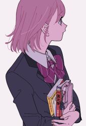 Rule 34 | 1girl, book, bow, bowtie, charm (object), closed mouth, collared shirt, colored skin, commentary, fingernails, flat color, from side, gorainrice, grey jacket, holding, holding book, jacket, long sleeves, looking to the side, medium hair, pencil case, pink skin, protagonist (tokimemo gs4), purple bow, purple bowtie, purple hair, shirt, simple background, solo, standing, striped bow, striped bowtie, striped clothes, tokimeki memorial girl&#039;s side 4th heart, upper body, white background