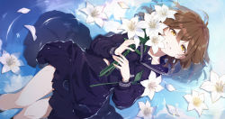 Rule 34 | 1girl, absurdres, ahoge, bilibili, brown hair, character request, copyright request, flower, hair ornament, hanser (vtuber), highres, holding, holding flower, lily (flower), long sleeves, looking at viewer, lying, neckerchief, nijisanji, on back, parted lips, petals, pleated skirt, school uniform, short hair, skirt, socks, solo, sylvia (huajiuhuajiu), virtual youtuber, virtuareal, water, wet, wet clothes, yellow eyes