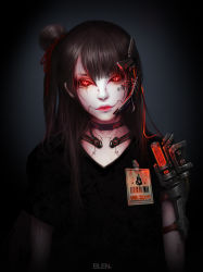 Rule 34 | 1girl, arms at sides, artist name, badge, barcode, black background, black shirt, blenez9, blouse, brown hair, character name, closed mouth, commentary request, girls&#039; frontline, hair bun, head tilt, id card, long hair, looking at viewer, realistic, red eyes, sangvis ferri, shirt, short sleeves, single hair bun, solo, symbol-shaped pupils, upper body, very long hair, wa2000 (girls&#039; frontline)