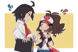 Rule 34 | 1boy, 1girl, antenna hair, bag, baseball cap, black vest, blush, brown hair, cheren (pokemon), closed eyes, collared shirt, commentary request, creatures (company), eyelashes, game freak, grin, hat, high ponytail, highres, hilda (pokemon), holding, long sleeves, misha (ohds101), necktie, nintendo, open clothes, open mouth, open vest, outline, own hands together, pokemon, pokemon bw, pokemon bw2, shirt, shorts, shoulder bag, smile, vest, white shirt, wristband