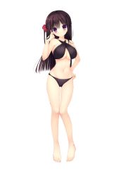 1girl bare_shoulders barefoot bikini black_bikini breasts brown_hair cleavage feet female_focus full_body hand_on_own_hip haruoto_alice_gram highres large_breasts long_hair looking_at_viewer mitha navel official_art purple_eyes rindou_yaya solo standing swimsuit takanae_kyourin toes transparent_background