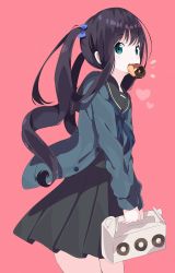 Rule 34 | 1girl, black hair, black sailor collar, black serafuku, black shirt, black skirt, blue bow, blue cardigan, blush, bow, cardigan, commentary, doughnut, food, food in mouth, green eyes, hair bow, heart, highres, holding, long hair, long sleeves, looking at viewer, mouth hold, open cardigan, open clothes, original, pastry box, pink background, pleated skirt, ringlets, sailor collar, school uniform, serafuku, shirt, simple background, skirt, sleeves past wrists, solo, symbol-only commentary, tantan men (dragon), twintails, very long hair