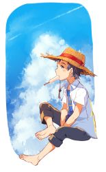 Rule 34 | 1boy, barefoot, blue eyes, blue hair, cloud, cloudy sky, day, dripping, food, full body, hat, male focus, matching hair/eyes, open clothes, open shirt, original, popsicle, profile, sagami hako, shirt, sitting, sky, solo, straw hat