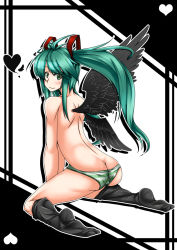 Rule 34 | 1girl, :3, ass, back, bad id, bad pixiv id, butt crack, from behind, green eyes, green hair, hatsune miku, kneehighs, long hair, looking back, matching hair/eyes, paco (artist), pako (moto paco), panties, sitting, socks, solo, striped clothes, striped panties, topless, twintails, underwear, vocaloid, wings