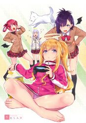 Rule 34 | 4girls, absurdres, artist name, bag of chips, bare legs, barefoot, blonde hair, breasts, brown cardigan, buttons, cardigan, chips (food), collared shirt, detached wings, dog, feet, food, gabriel dropout, gabriel tenma white, green background, gym shirt, hair ribbon, hair rings, halftone, halftone background, hand up, hands on own hips, highres, holding, holding food, indian style, leaning forward, long hair, long sleeves, looking at animal, looking at another, multicolored background, multiple girls, nishimi shin, non-web source, open mouth, own hands together, panties, panty peek, plaid, plaid skirt, playstation controller, ponytail, potato chips, purple hair, purple panties, purple shirt, raphiel shiraha ainsworth, red hair, red skirt, ribbon, satanichia kurumizawa mcdowell, school uniform, shirt, short hair, sidelocks, single sidelock, sitting, skirt, small breasts, sparkle, standing, sweater, toes, underwear, vignette tsukinose april, white background, white cardigan, wings, yellow background